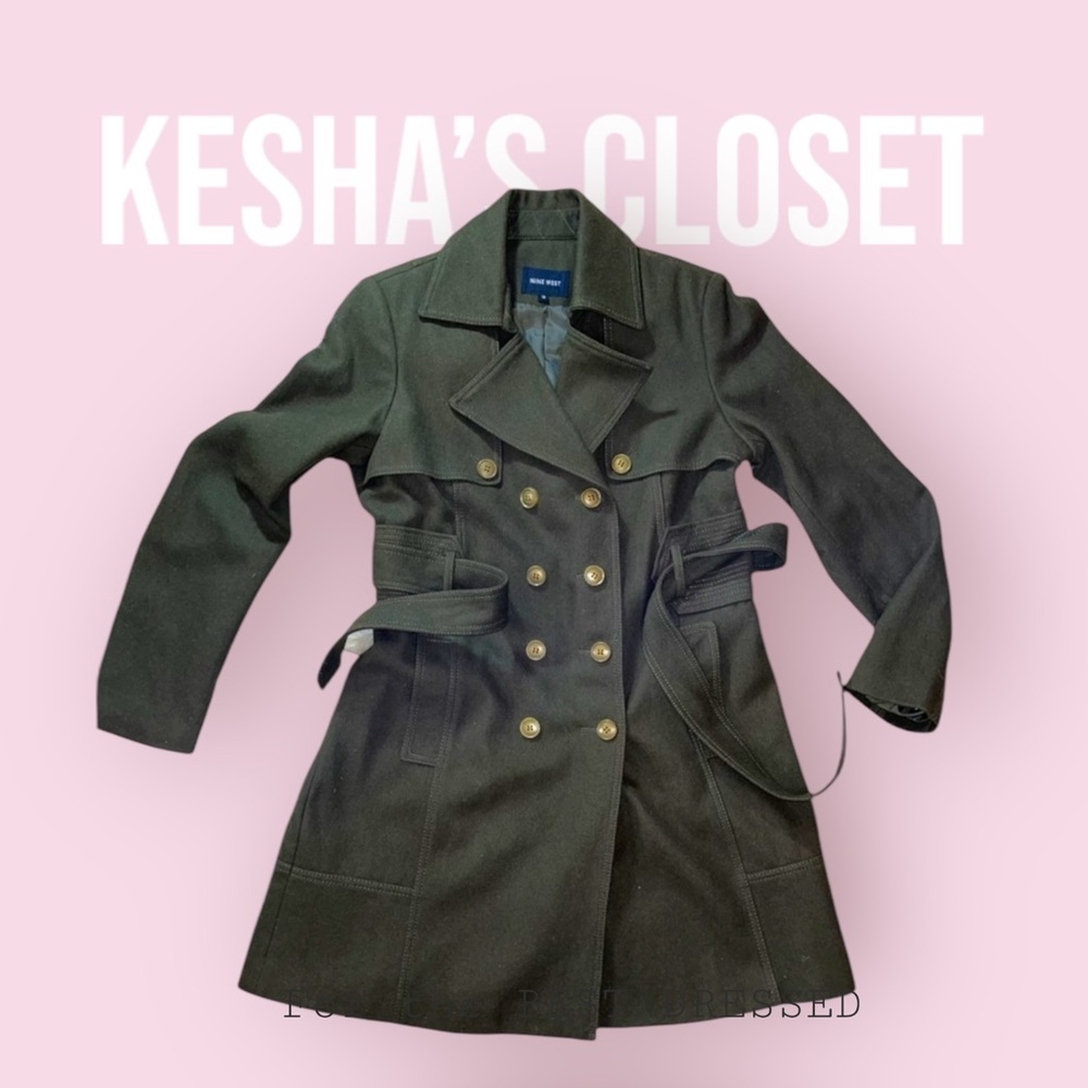 NINE WEST Military Style Belted Wool Blend Coat
